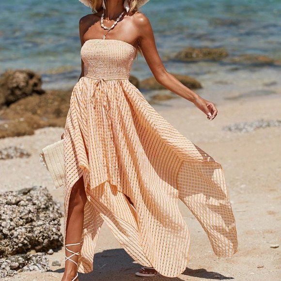 . Dresses & Skirts - Coral Orange Womens Plaid Knot Front Asymmetrical Hem Tube Dress